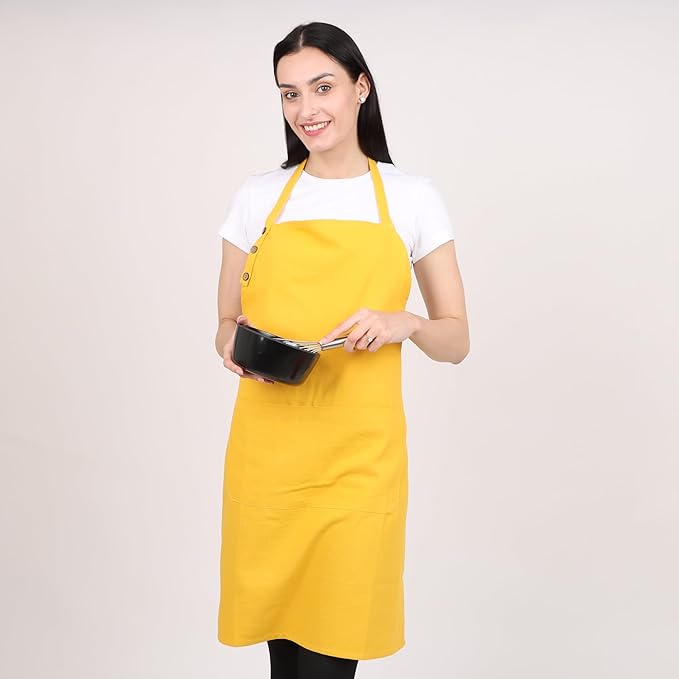 aprons for men women with pockets for cooking kitchen Cotton Apron Unisex Waterdrop Resistant with adjustable aprons 9 Color option 2 pack (GOLD/MUSTARED)