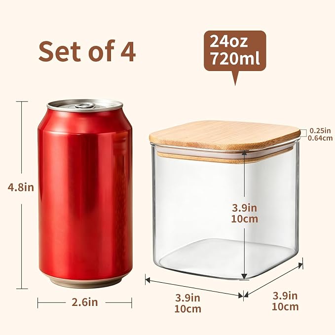 4-Pack Square Glass Containers with Bamboo Lids, 24 fl oz Candy Jars | 24 fl oz/720 ml Airtight Canister Set, Clean & Elegant Storage Jars for Candy, Coffee, Tea, Sugar, Flour, Cookies, Spices