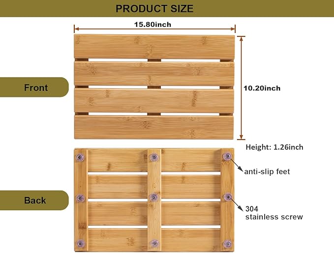 Small Bamboo Bath Mat – Mini Wooden Shower Floor Mat for Compact Bathroom, RV or Tight Spaces, Non-Slip, Quick Dry, Easy to Clean, Indoor Outdoor Use, 15.8" x 10.2" by PELYN