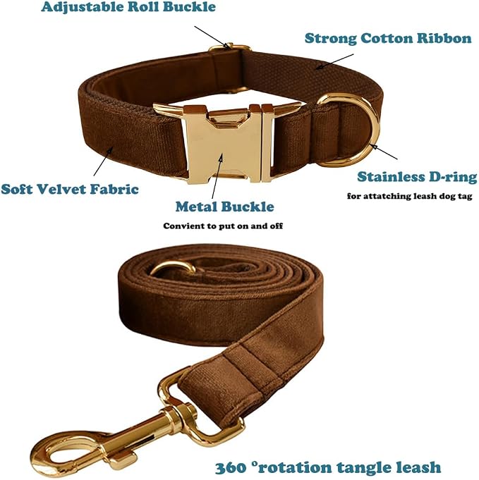 Love Dream Velvet Dog Collar and Leash Set, Soft & Comfy Adjustable Dog Leash and Collar with Heavy Duty Metal Buckle for Small Medium Large Dogs Training & Walking (Small, Coffee)