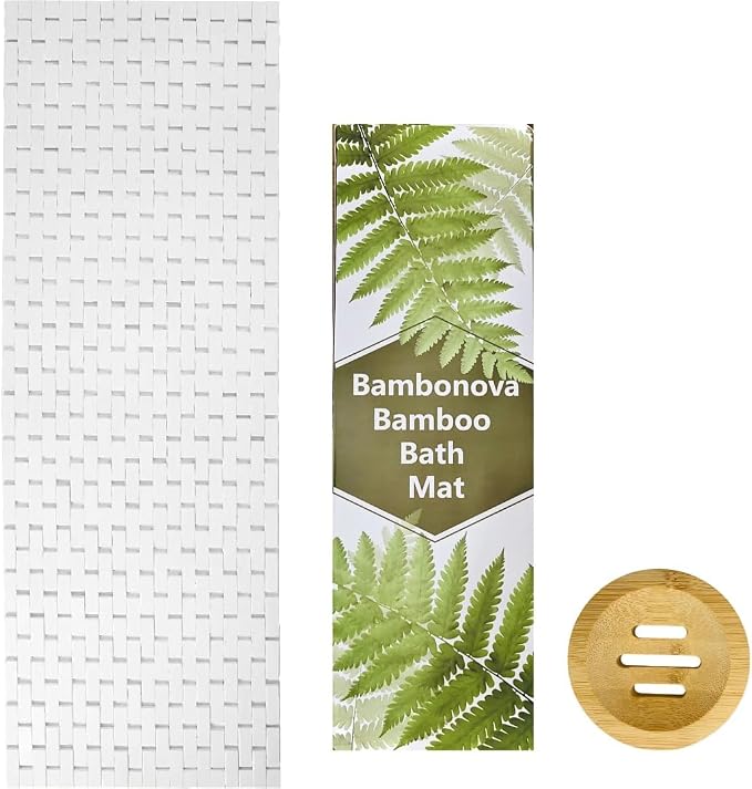 Bamboo Bath Mat White Bamboo Mat 48 x 16 Inches and Wooden Soap Dish Set Bathroom Rugs Bathtub Mat Non Slip Bath Mats for Bathroom, Kitchen Sauna Spa Hot Tub Outdoor Decor