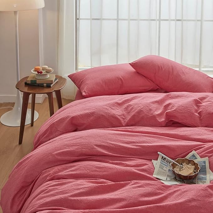 FACE TWO FACE Bedding Duvet Cover Set100% Washed Cotton Duvet Cover Linen Like Textured Breathable Durable Soft Comfy (King, Red)