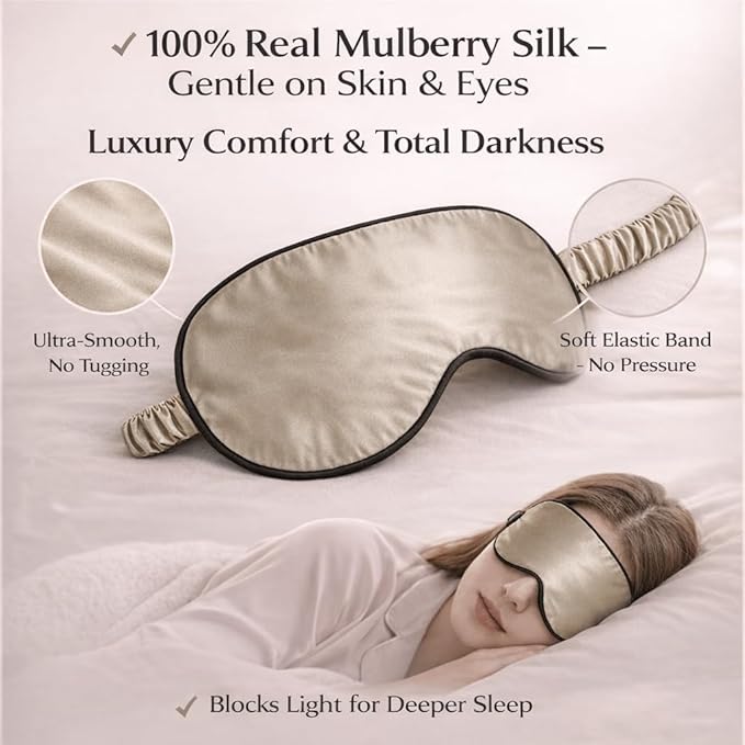 100% Mulberry Silk Sleep Mask for Women/Men Airplane Travel, Pure 22 Momme Silk Eye Mask Blackout for Sleeping, Ajustable, Luxury, Anti Wrinkle, Anti Aging Silk Blindfold, Made in USA (Taupe)