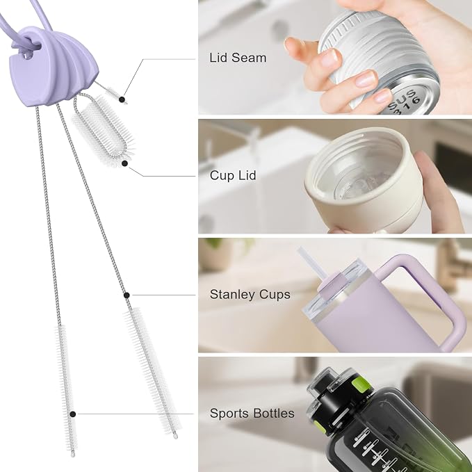 YOTIME 4in1 Straw Cleaner Brush Set, Reusable Standing Straw Brushs with Holder Ring, for Wide and Narrow Straws, Tumblers, Water Bottles and Cups, Purple