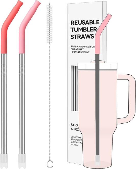 2 PCS 40oz Metal Straws for Stanley 40oz Cup & 64oz Jugs | Extra-Long Stainless Steel Straws with Removable Silicone Tips, Fits Large Tumblers & Oversized Mugs