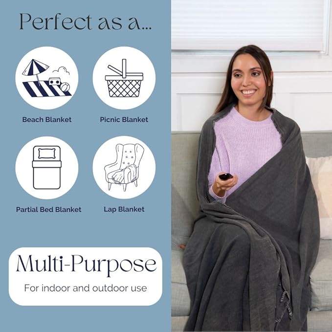 Stonewashed Turkish Throw Blanket - 100% Organic Cotton - 80" x 48" - Soft, Lightweight, Cozy - for Couch, Sofa, Picnic, Yoga - Charcoal Grey