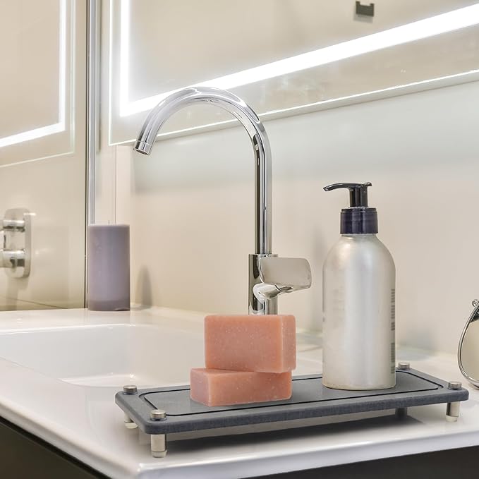 2PCS Water Absorbing Stone Trays, Diatomite Bathroom Counter Tray, Caddy Kitchen Sink Organizer Tray, Faucet Drying Mat Coaster Soap Dish Riser Dispenser Sponge Holder (Grey, 12'' x 4'')