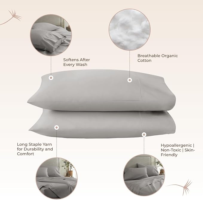 100% Organic Cotton Pillow Cases Queen Size Set of 2-100% Cotton Pillowcases GOTS Certified 300 Thread Count - Naturally Cooling Comfortable Breathable & Soft Pillow Cases (Classic Grey, Queen)