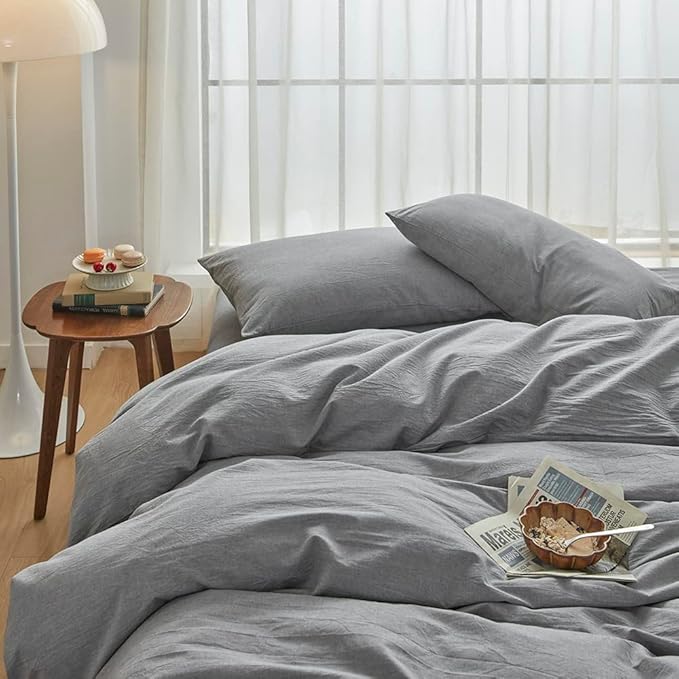 FACE TWO FACE Bedding Duvet Cover Set100% Washed Cotton Duvet Cover Linen Like Textured Breathable Durable Soft Comfy (Full, Light Grey)