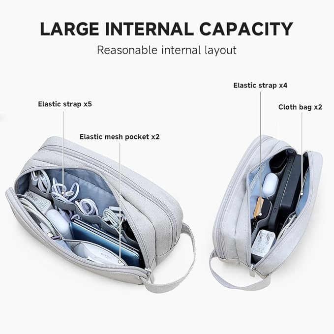 Teskyer Cable Organizer Bag, Travel Electronics Accessories Organiser, Protable Tech Pouch for Phone Chargers, Cables, Flash Drive, Power Bank, Hard Drive, Light Grey, 23.5 x 12 x 9 cm, Double-Layer