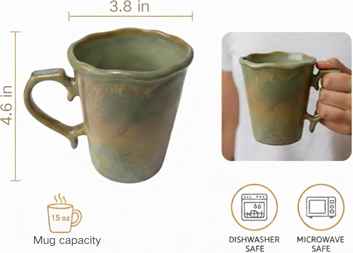 Large Ceramic Coffee Mug 16 oz - Microwave & Dishwasher Safe, Handcrafted Artisan Pottery Cup with Tapered Design for Stability & Heat Retention, Gift for Mom (Reactive Olive Green)