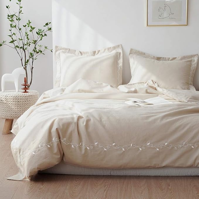 BISELINA French Linen Duvet Cover Set 3pcs Embroidered Willow Leaf 55% Flax 45% Cotton Blend Soft Breathable Luxury Bedding (King, Embroidery Linen)