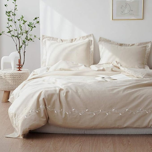 BISELINA French Linen Duvet Cover Set 3pcs Embroidered Willow Leaf 55% Flax 45% Cotton Blend Soft Breathable Luxury Bedding (King, Embroidery Linen)