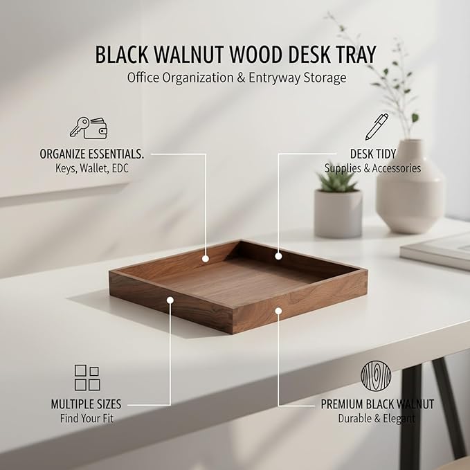 Solid Black Walnut Wood Desk Organizer Tray for Office, Entryway, and Home Storage