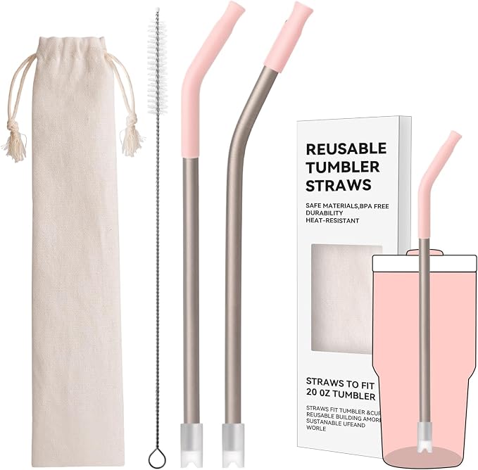 Heavy - Duty Titanium Straws 8.5" Reusable for 20 oz Tumlbers | Metal Drinking Straws for All Kinds of Hot & Cold Drinks, Eco Conscious, BPA Free with Cleaning Brush(Light Pink)