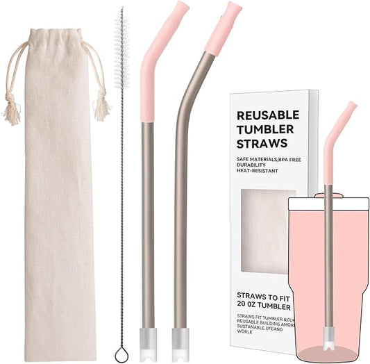Heavy - Duty Titanium Straws 8.5" Reusable for 20 oz Tumlbers | Metal Drinking Straws for All Kinds of Hot & Cold Drinks, Eco Conscious, BPA Free with Cleaning Brush(Light Pink)