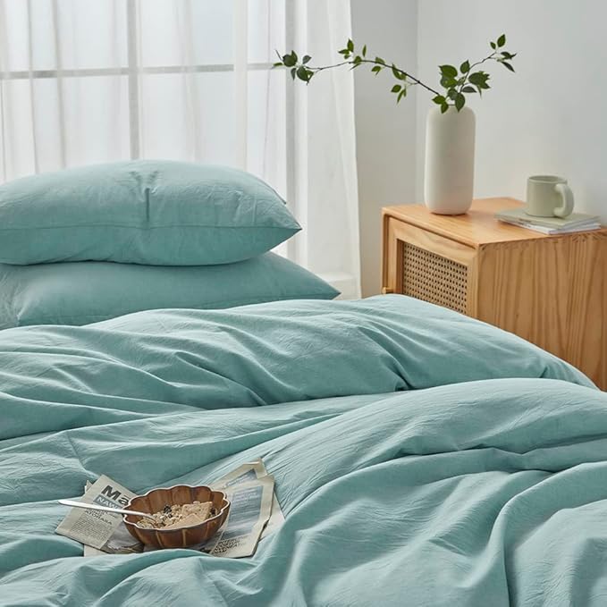 FACE TWO FACE Bedding Duvet Cover Set100% Washed Cotton Duvet Cover Linen Like Textured Breathable Durable Soft Comfy (Queen, Dusty Blue)