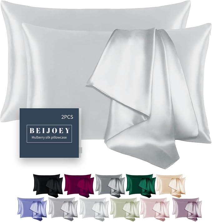 100% Mulberry Silk Pillowcase 2 Pack for Hair and Skin,with Hidden Zipper,Both Sides 19 Momme 600 Thread Count Natural Silk Pillow Cover,Soft Breathable Smooth (White, Queen 20''x30'')