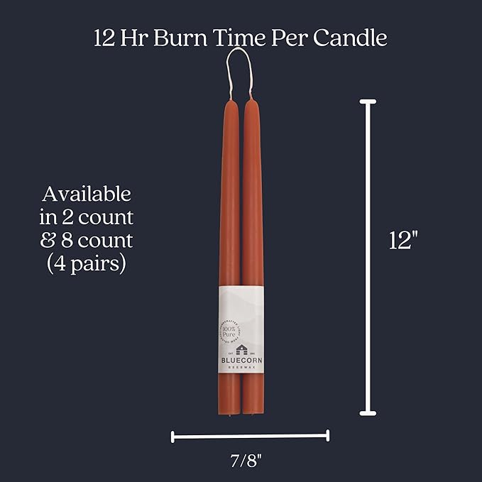 Bluecorn Beeswax Taper Candles, 100% Pure Natural Bees Wax, Pair of 12 Inch Terracotta Tapered Candlesticks, Clean Burning & Dripless, Fragrance Free, Long Lasting, Home Decor, American Made, 1 Count