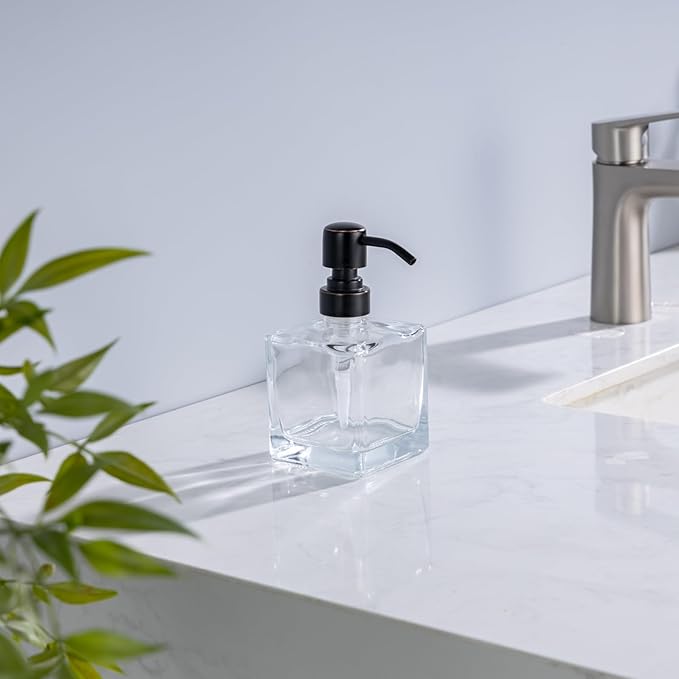 Hand Soap Dispenser Square with Oil Rubbed Bronze Pump, 8.4 oz Liquid Clear Glass Soap Dispenser with Stainless Steel Pump for Dish Soap Bathroom Kitchen Vanity Countertop
