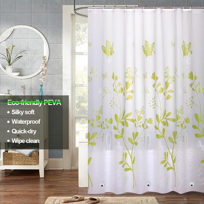 Plastic Shower Liner - Premium PEVA 4G Shower Curtain Liner with Rustproof Grommets and 3 Weighted Magnets, Waterproof Shower Curtains for Bathroom (Green Butterfly)