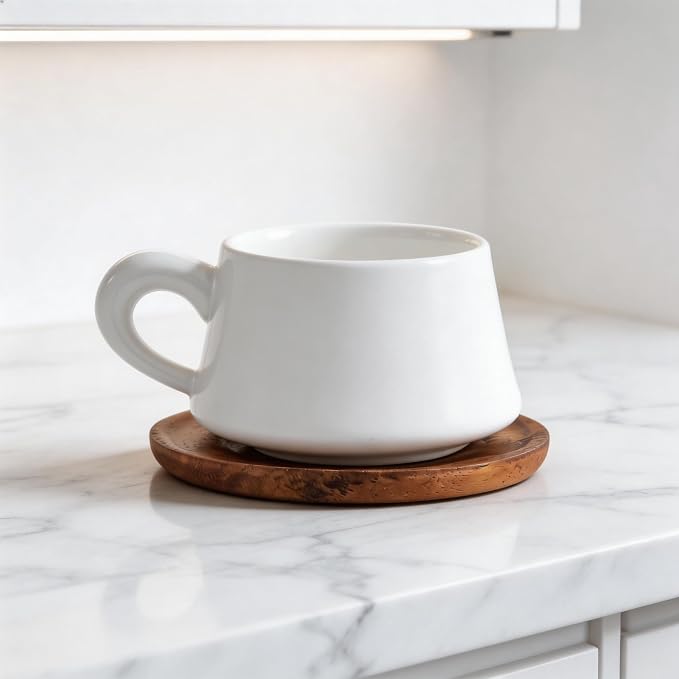 Set of 1 Ceramic Tea White Cup and Wood Saucer - 7 oz Tea Mug - Wide Cappuccino Cup, Coffee Cups for Cappuccino, Latte, Espresso, Americano