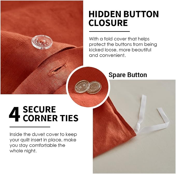 Simple&Opulence 100% Linen Duvet Cover Set 3pcs Basic Style Natural French Washed Flax Solid Color Soft Breathable Farmhouse Bedding with Button Closure - Brick Red, Queen