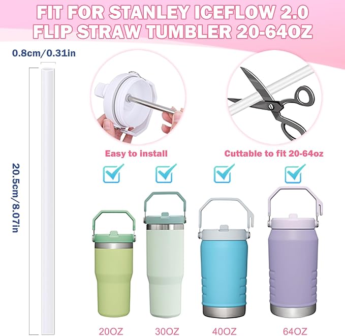 LUCKINEE Replacement Straws for Stanley IceFlow Tumbler 30oz, 6 Pack Plastic Reusable Straws with 2 Straw Cleaner Brushes for IceFlow Tumbler Accessories