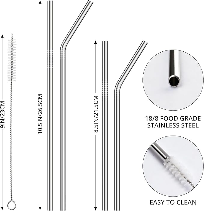12 Pack Reusable Stainless Steel Metal Straws, 3 Straight + 3 Bent 10.5 Inch and 3 Straight + 3 Bent 8.5 Inch Metal Straws for 20 24 30 oz Tumblers Dishwasher Safe - 2 Cleaning Brushes Included