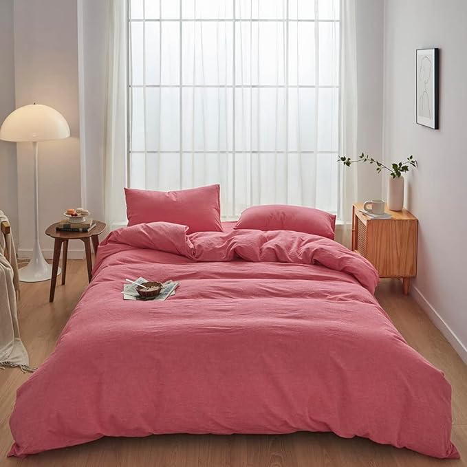 FACE TWO FACE Bedding Duvet Cover Set100% Washed Cotton Duvet Cover Linen Like Textured Breathable Durable Soft Comfy (King, Red)