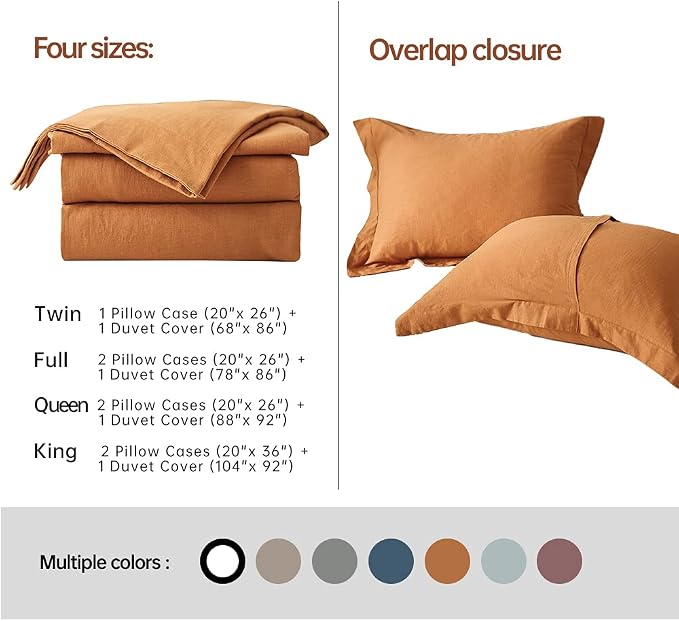 Simple&Opulence French Linen Duvet Cover Set 78" x 86"- 3 Pieces (1 Comforter Cover,2 Pillowcases)- Natural Flax Cotton Blend-Solid Color Breathable Farmhouse Bedding-Rust, Full