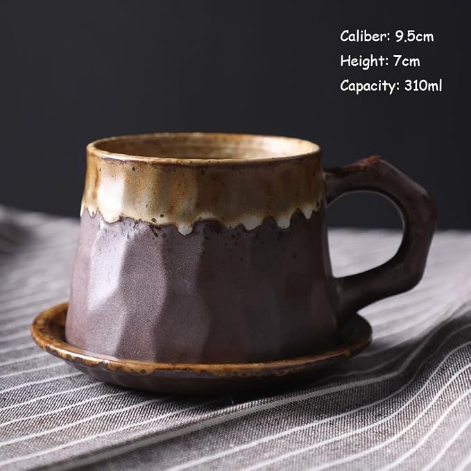 Vintage Faceted Speckled Ceramic Coffee Mug with Saucer, Rustic Stoneware Cup for Tea Latte (YF-CS04)
