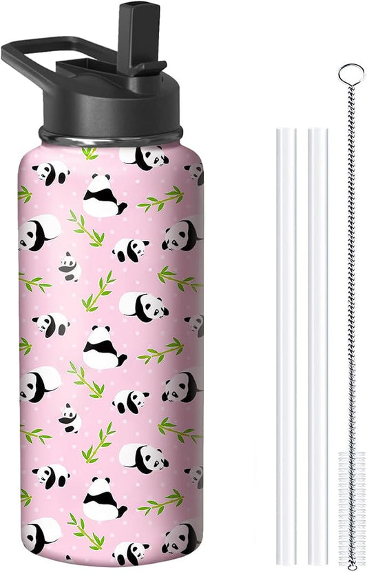 32oz Pink Panda Water Bottle with Handle and Flip Straw, Sports Stainless Steel Insulated Cup Travel Coffee Mug Tumbler, Birthday Mothers Day Chritmas Gifts for Women