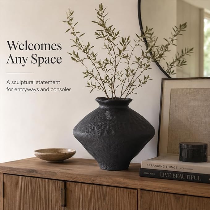 Large Wabi Sabi Black Vintage Ceramic Vase, 11" Rustic Pottery Vase for Centerpieces, Wabi Sabi Decor Flower Vases for Table, Living Room, Bedroom, Bathroom, Kitchen, Farmhouse Home Decor Gifts