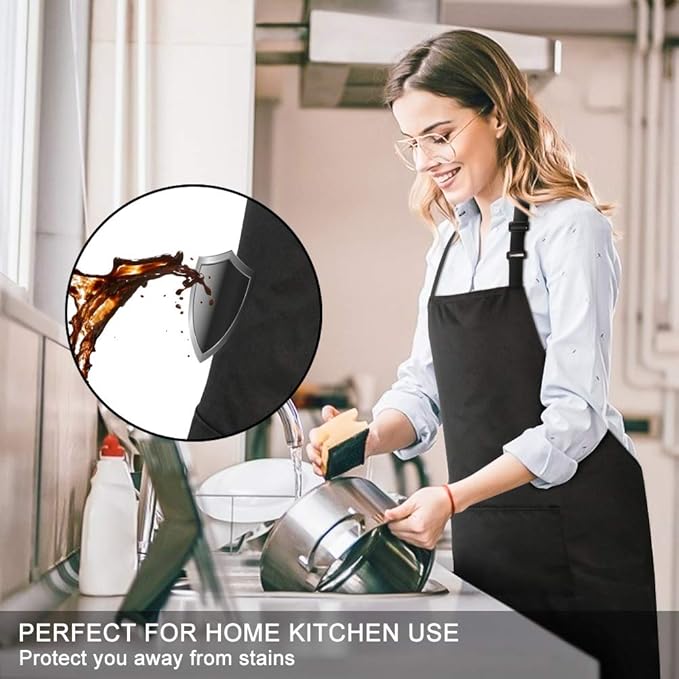 Jubatus 4 Pack 100% Cotton Aprons with 2 Pockets Cooking Chef Kitchen Adjustable Bib Apron for Women Men, Black