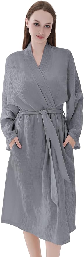 Women's Organic Cotton Bathrobe Long Sleeve Nightgowns Lightweight Waist-Tie Bath Robe for Home Spa Muslin Cotton Beach Wear