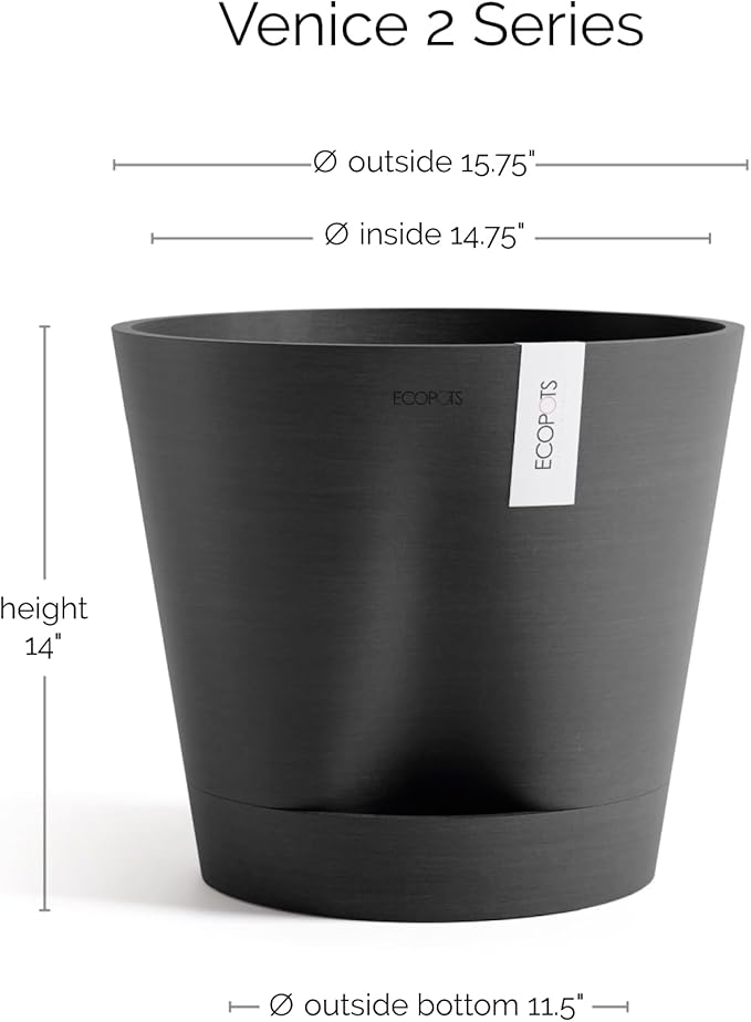Ecopots Venice 2 Durable Modern Round Indoor/Outdoor Recycled-Based Composite Flower Pot Planter w/Water Reservoir, Dark Grey, 16"