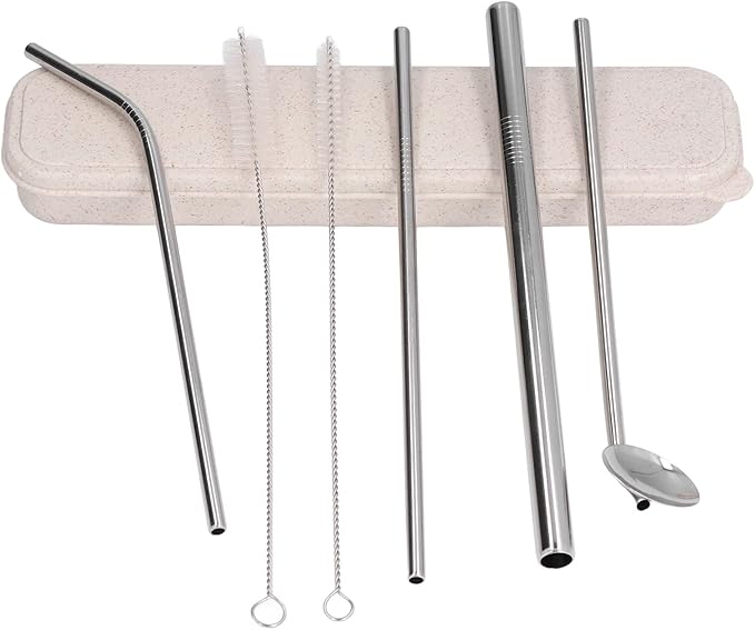 Reusable Stainless Steel Drinking Straws Set, Metal Straws Free Dishwasher Safe with 2 Brushes, Ideal for Cocktails Parties Picnics (Silver)