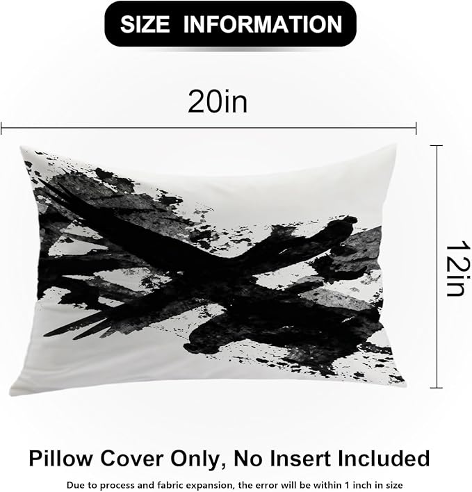 Shrahala Ink Black Hand Painted Decorative Throw Pillow Cover, Graphic White Brush Stroke Lumbar Pillowcase Blended Double-Sided No Inserts for Bedroom Living Room Set of 2 (12 X 20 in)