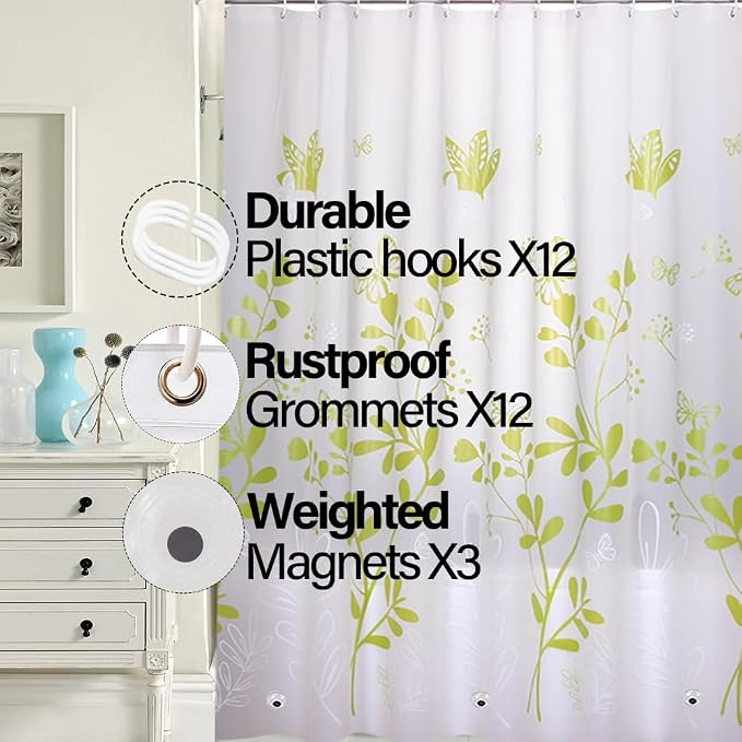 Plastic Shower Liner - Premium PEVA 4G Shower Curtain Liner with Rustproof Grommets and 3 Weighted Magnets, Waterproof Shower Curtains for Bathroom (Green Butterfly)