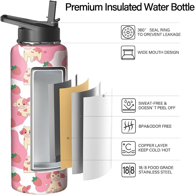 40oz Pink Cow Strawberry Water Bottle with Handle and Flip Straw,Animal Sports Stainless Steel Insulated Cup Travel Coffee Mug Tumbler, Birthday Mothers Day Chritmas Gifts for Women