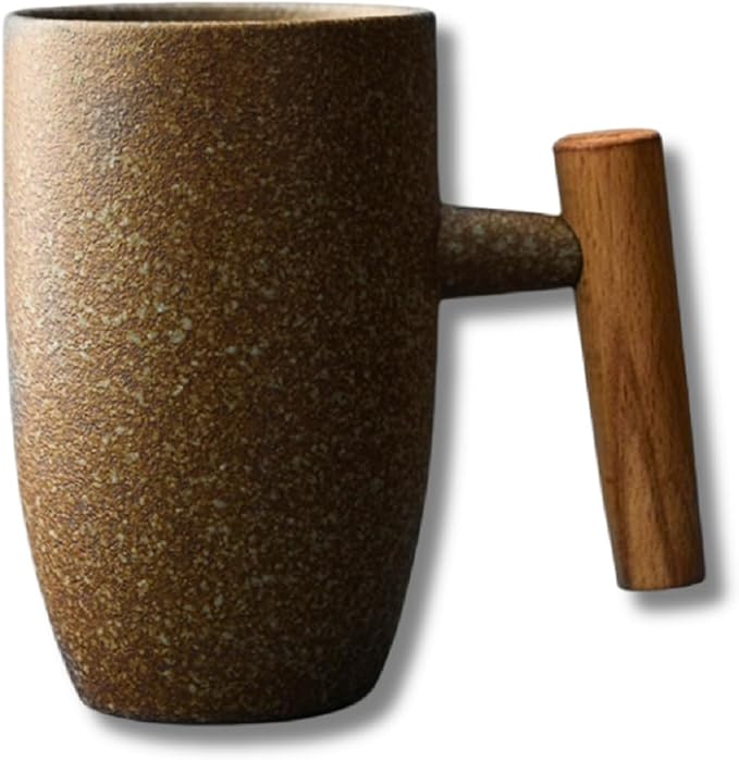 Hippo Family Vintage Ceramic Mug with Wooden Handle, 12oz, Rustic Matte Ceramic Glaze,Japanese Style (Stone)