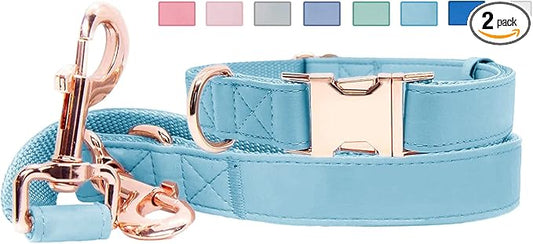 Soft Leather Dog Collar and Leash (6.6') Set - Stylish Rose Gold Heavy Duty Metal Buckle, 4 Adjustable Lengths Leash for Small Medium Large Dogs - Comfortable & Easy to Clean Light Blue M(13.8"-19.7")