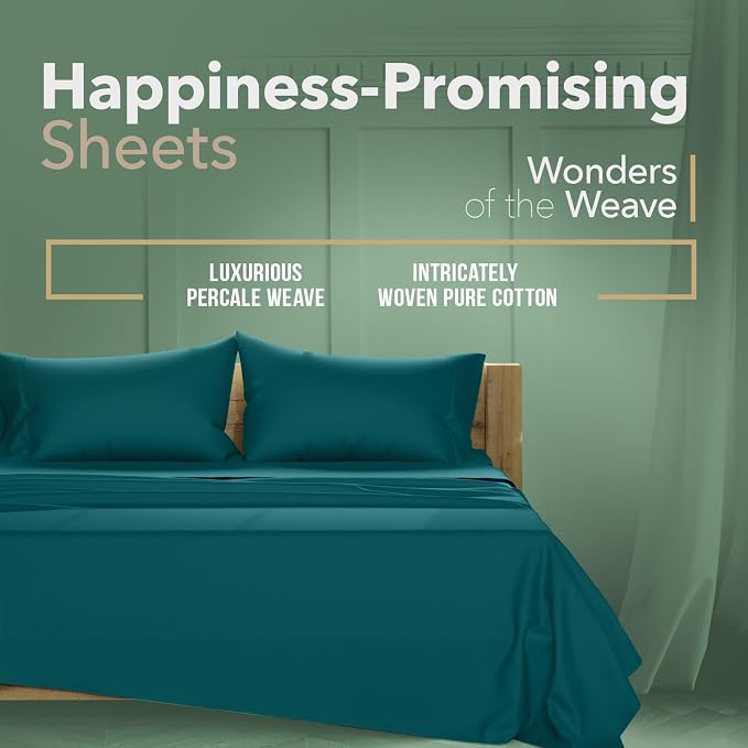 TEXAS LINEN CO. 100% Organic Cotton Sheets Queen Size - 4 PC Organic Cotton Queen Size Percale Weave Sheet Set, Soft, Cooling, Crisp & Breathable, 16" Deep Pocket Hotel Quality Bedding Set - Teal