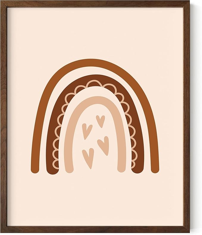 Boho Nursery Rainbow Wall Art with Hearts Earth Tones Terracotta Brown Scandi Minimalist Style 16x20 Inch Oak Wood Walnut Framed Playroom Decor Print for Kids Room