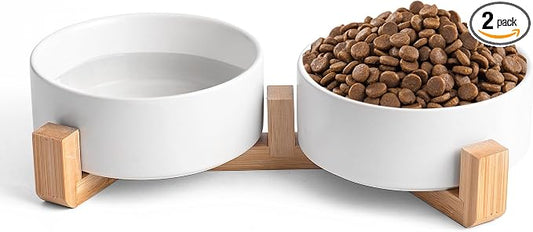 Mowtanco White Ceramic Dog & Cat Bowl Set – 13.5 OZ with Wooden Stand, Non-Slip, Elevated Design for Small Dogs & Cats – 2 Bowls (Food & Water, Ceramic Pet Bowls, Modern Dog Bowls)