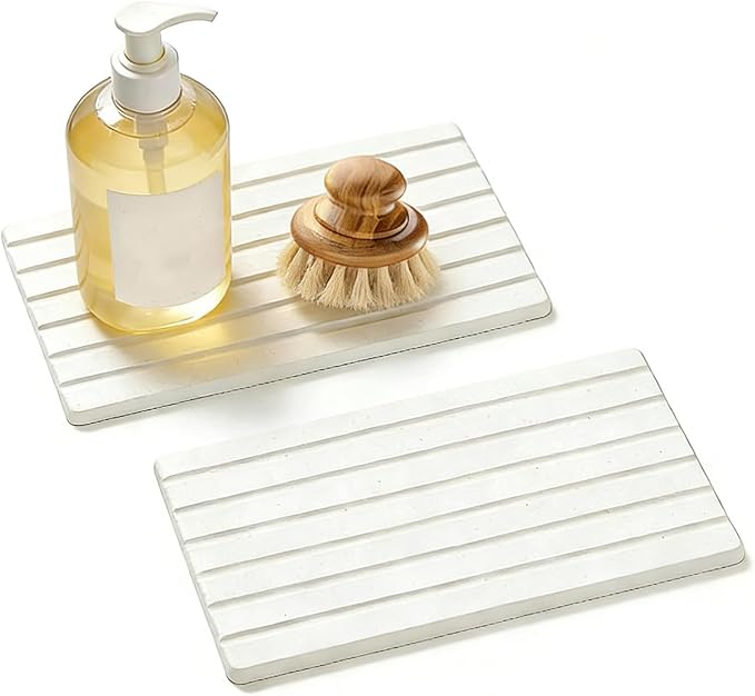 2 PCS Water Absorbing Diatomite Coasters, Stone Drying Mat for Kitchen Counter, Quick Dry Stone Mat Trays for Bathroom Kitchen Counter, Soap Dish Tray Used for Hand Soaps (White-B, 8.3" x 4")