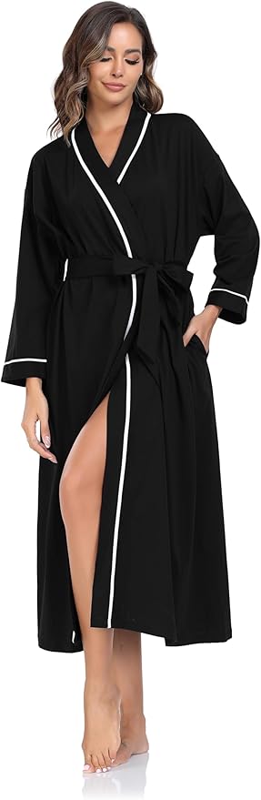 COLORFULLEAF 100% Cotton Women's Robes Summer Lightweight Kimono Soft Long Cotton Bathrobe for Women with Pockets