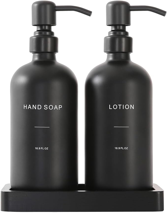 Liquid Dispenser Soap Dispenser Set Glass with Stainless Steel Pump Countertop Soap Bottle(Black Pump+Black Bottle)