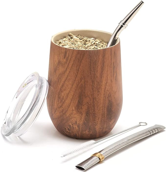 BALIBETOV 5-Piece Large Yerba Mate Cup and Bombilla Kit – Yerba Mate Gourd with Lid, 2 Bombilla Mate Straws, Cleaning Brush, Double-Wall Stainless Steel Mate Cup Set